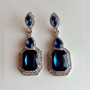 Statement Royal Blue Crystal Drop Earrings Silver Tone Rhinestone Halo 2.25”